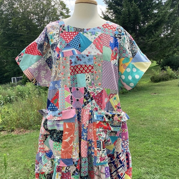 Upcycled vintage crazy patchwork quilt babydoll mid length lined dress Med to XL - Picture 2 of 16
